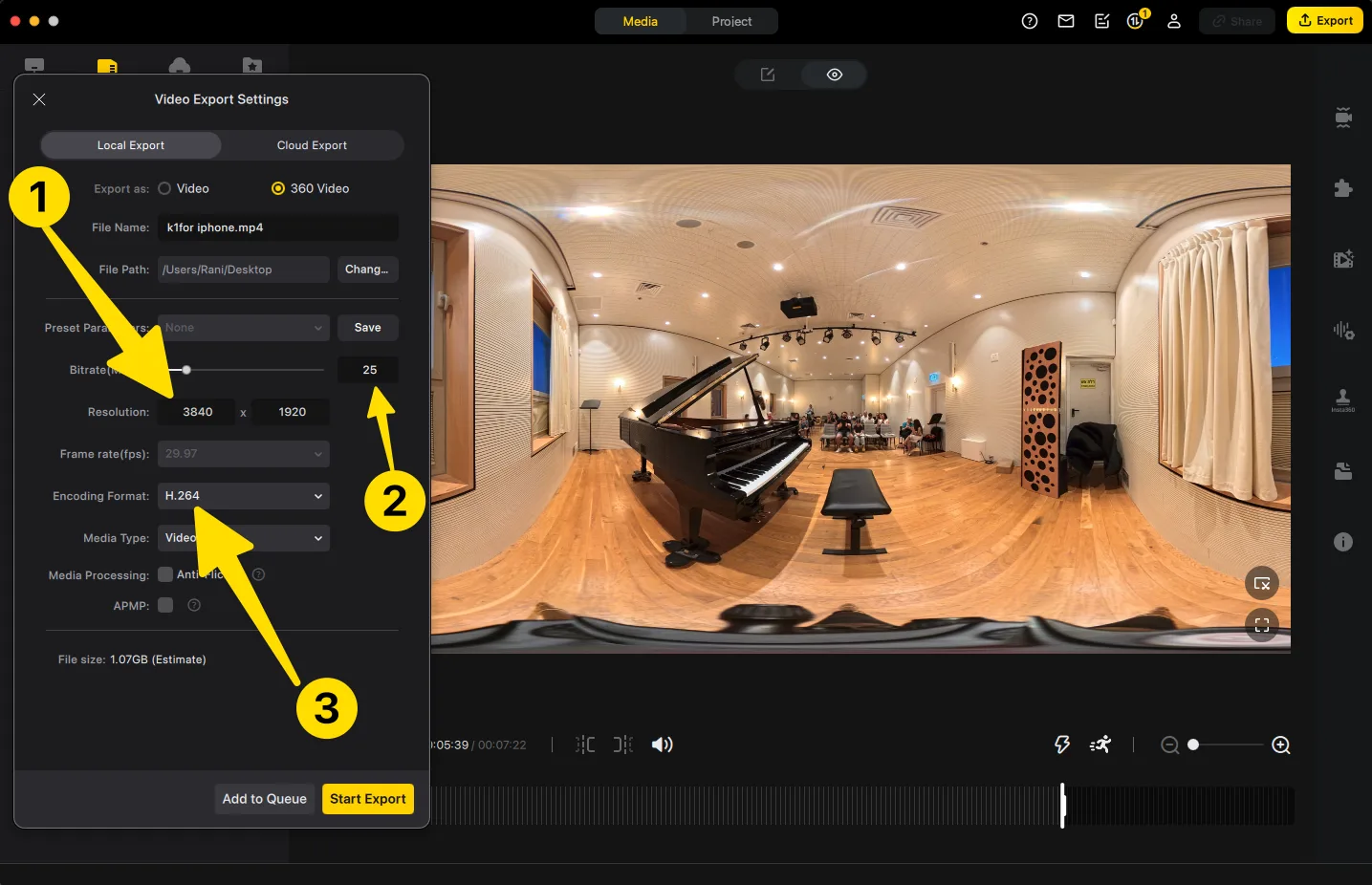 חלון Video Export Settings ב-Insta360 Studio עם הגדרות גרסת הטלפונים: 360 Video, רזולוציה 3840×1920, קידוד H.264, קצב 25