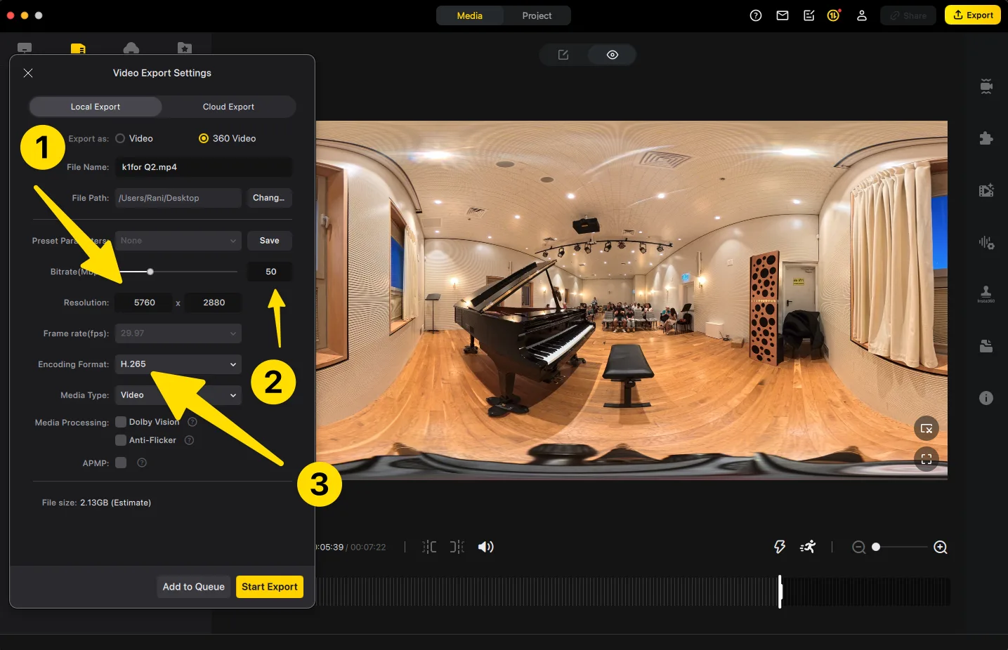 חלון Video Export Settings ב-Insta360 Studio עם הגדרות גרסת ה-VR: 360 Video, רזולוציה 5760×2880, קידוד H.265