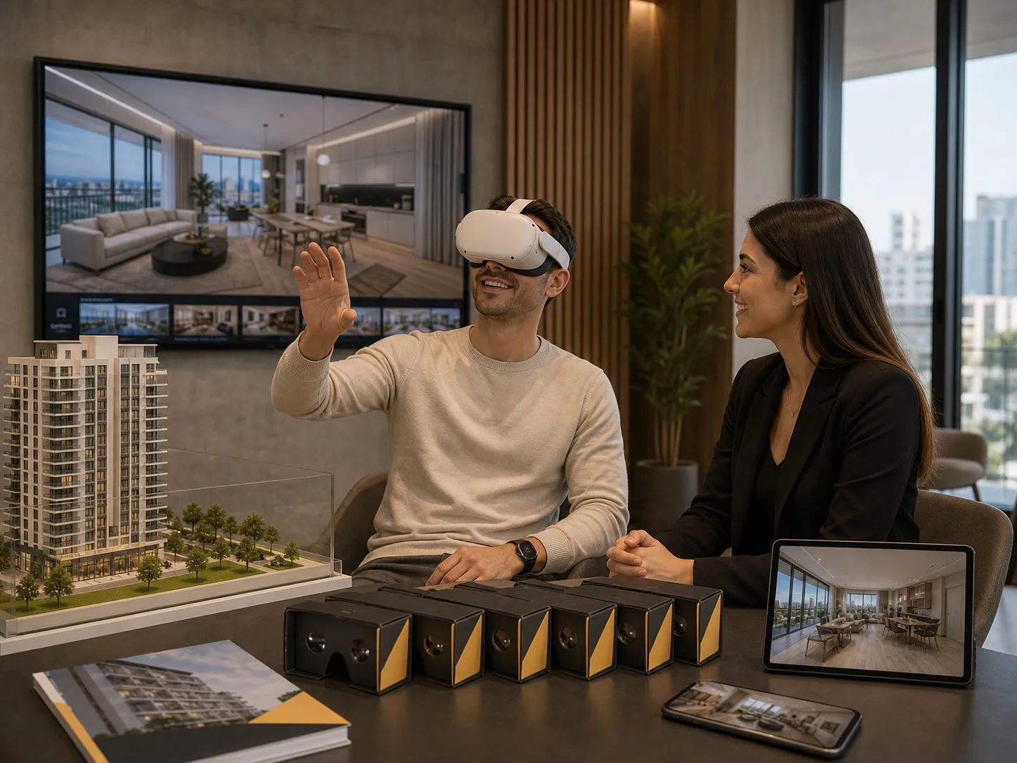 Modern real-estate sales gallery with Oculus Quest and branded Cardboard