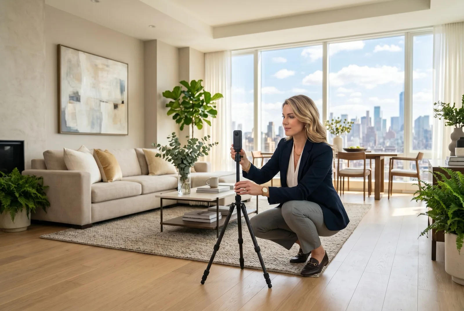 A broker shooting a luxury apartment with a 360 camera on a tripod