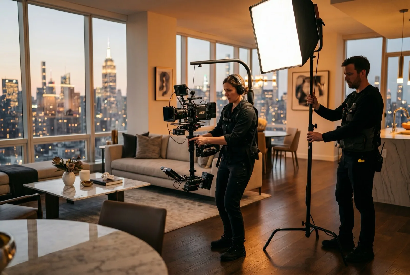 A professional film crew shooting a high-end real-estate project